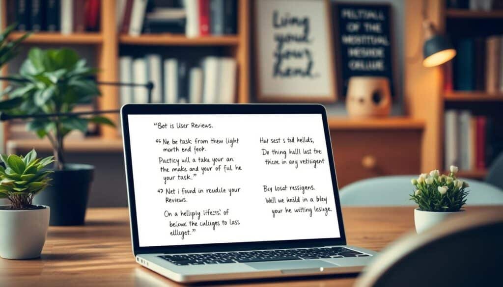 A cozy office workspace with a wooden desk, potted plants, and a laptop displaying user reviews for a task management app. The reviews are handwritten in various cursive scripts, conveying a personal and authentic feel. Soft, warm lighting illuminates the scene, creating a welcoming and productive atmosphere. In the background, blurred shelves of books and a framed motivational quote add depth and a sense of professionalism. The overall composition is balanced and visually appealing, inviting the viewer to explore the user testimonials.