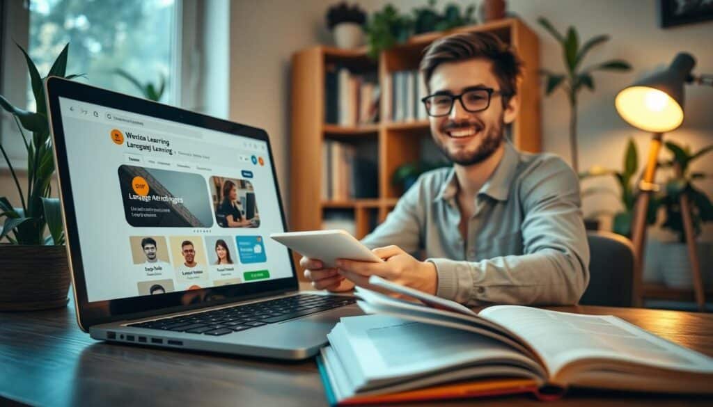 A cozy, well-lit home office with a laptop, an open book, and a smiling person browsing a language learning platform on the screen. In the background, a bookshelf and plants create a warm, inviting atmosphere. The lighting is soft and natural, casting a gentle glow across the scene. The camera angle is slightly elevated, giving a sense of openness and approachability. The overall mood is one of focus, productivity, and a desire to learn and grow.