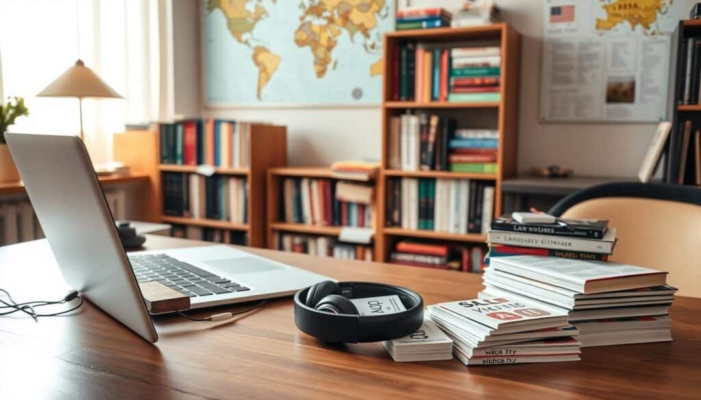 A cozy workspace with a variety of personalized language learning tools. In the foreground, a wooden desk with a sleek laptop, a set of high-quality headphones, and a stack of language-learning flashcards. The middle ground features a bookshelf filled with textbooks and dictionaries in multiple languages. Soft, warm lighting illuminates the scene, creating a welcoming and focused atmosphere. In the background, a world map hangs on the wall, hinting at the global reach and cultural diversity of the language-learning experience. The overall composition conveys a sense of productive, customized language study tailored to the individual's needs and preferences.