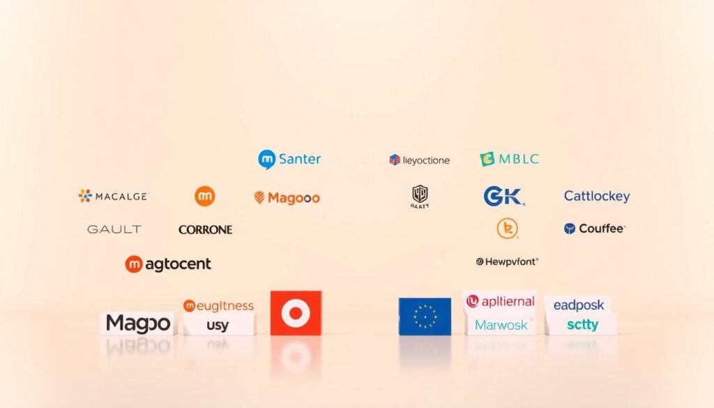A crisp, clean comparison of prominent GRE prep companies, showcased against a sleek, minimalist backdrop. In the foreground, carefully arranged logos and brand elements of leading GRE prep providers, each with its distinct visual identity. The middle ground features a subtle grid layout, hinting at the structured, analytical nature of test preparation. The background maintains a soft, neutral palette, allowing the central focus to shine. Warm, directional lighting accentuates the professional, authoritative tone, while a slightly elevated camera angle conveys a sense of objective evaluation. The overall scene exudes a refined, informative atmosphere, perfectly suited to illustrate the "Magoosh vs. Other GRE Prep Companies" section.