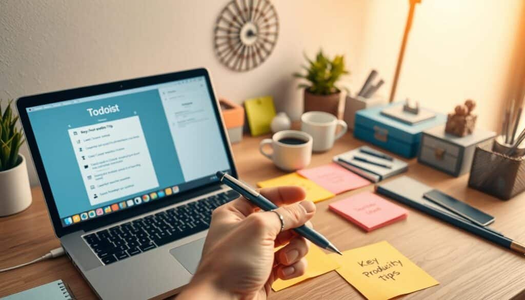 A crisp, well-organized office workspace with a laptop, colorful sticky notes, and a Todoist app displayed on the screen. The lighting is soft and natural, casting warm hues across the scene. In the foreground, a hand holds a pen, highlighting key productivity tips written on the notes. The middle ground features a tasteful desk organizer, a cup of coffee, and other office supplies, conveying a sense of efficiency and focus. The background showcases a minimalist wall decor, creating a serene and inspirational atmosphere for tackling tasks. The overall composition emphasizes the core principles of effective task management through the Todoist app.