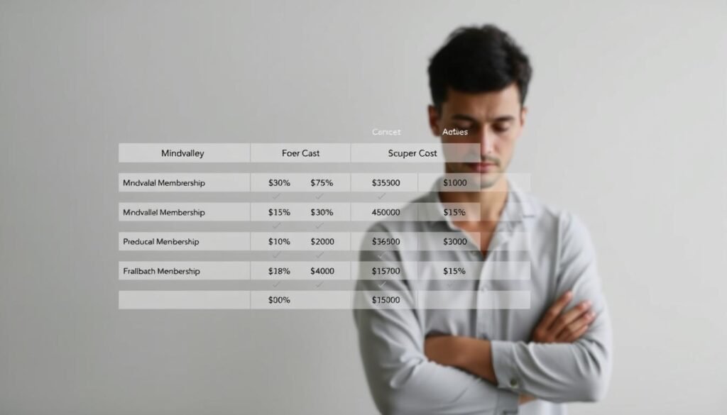 A detailed comparison of Mindvalley membership costs, showcasing the potential drawbacks for consumers. In the foreground, a sleek, minimalist spreadsheet-style layout displays the various Mindvalley membership tiers and their corresponding fees. The middle ground features a thoughtful, contemplative figure examining the data, conveying the dilemma of weighing the benefits against the financial commitment. The background is a soft, muted gradient, allowing the key information to take center stage. The overall mood is one of careful consideration, inviting the viewer to critically evaluate the value proposition of Mindvalley's offerings.