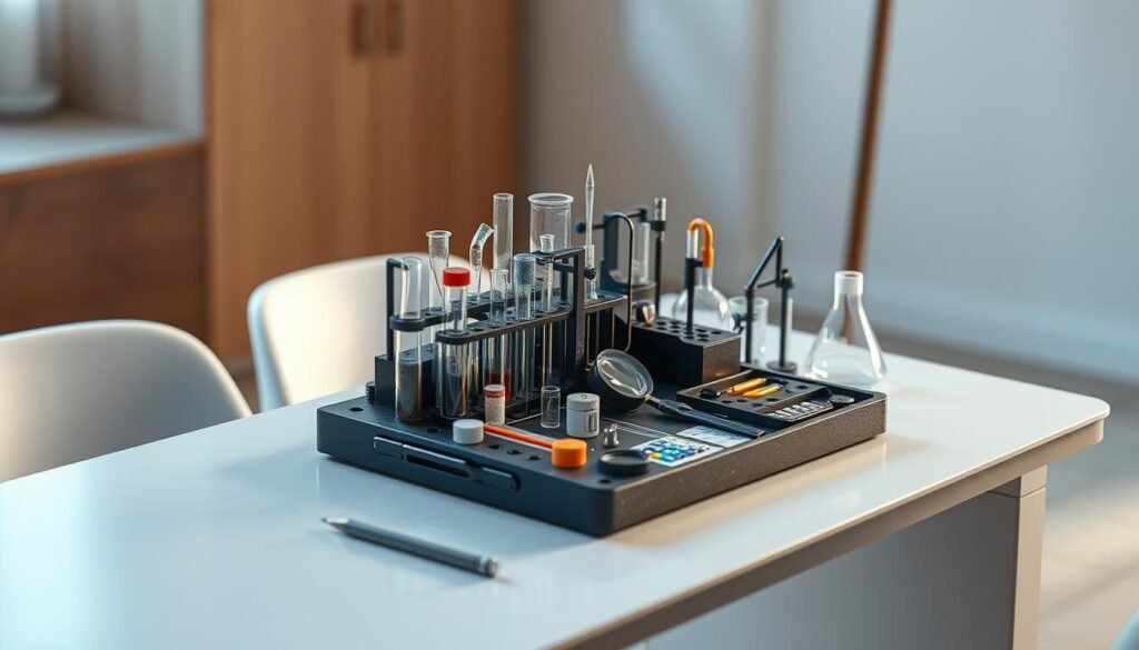 A detailed science experiment kit rests on a sleek, modern desk, its various components neatly organized. The kit features an array of test tubes, pipettes, magnifying glasses, and other scientific tools, all crafted with precision. Soft, directional lighting illuminates the scene, casting subtle shadows and highlights that accentuate the kit's intricate details. The desk is situated in a minimalist, well-appointed room, with a clean, neutral-toned background that allows the kit to take center stage. The overall composition conveys a sense of exploration, discovery, and the excitement of hands-on science. A detailed science experiment kit rests on a sleek, modern desk, its various components neatly organized. The kit features an array of test tubes, pipettes, magnifying glasses, and other scientific tools, all crafted with precision. Soft, directional lighting illuminates the scene, casting subtle shadows and highlights that accentuate the kit's intricate details. The desk is situated in a minimalist, well-appointed room, with a clean, neutral-toned background that allows the kit to take center stage. The overall composition conveys a sense of exploration, discovery, and the excitement of hands-on science.