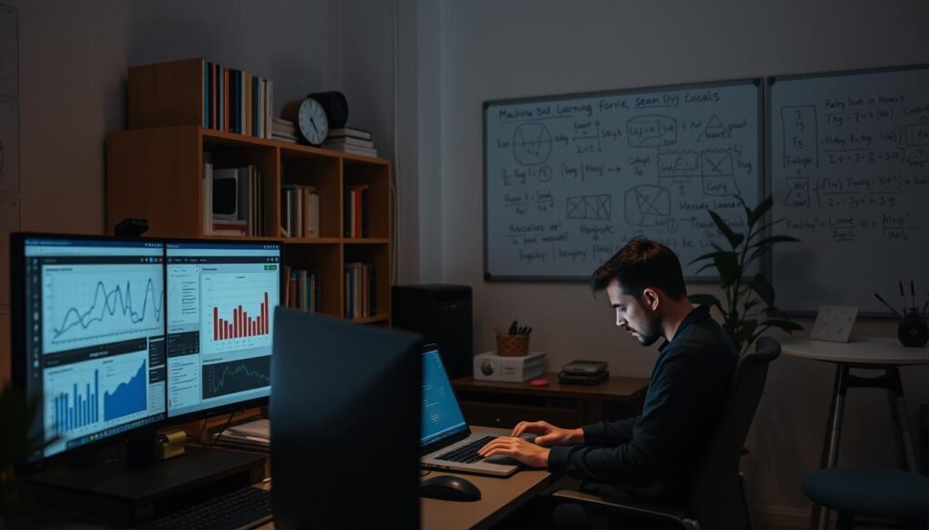 A dimly lit office setting with a workstation in the foreground, displaying various data visualization charts and machine learning model diagrams on multiple screens. In the middle ground, a data scientist is intently focused, typing code on a laptop. The background features a bookshelf filled with technical books and a wall-mounted whiteboard covered in equations and algorithms. Soft, warm lighting casts a thoughtful atmosphere, highlighting the intellectual and analytical nature of data science and machine learning programs.