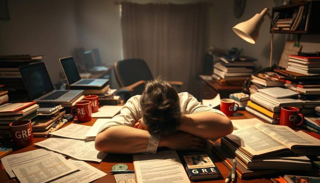 A dimly lit study area, cluttered with textbooks, laptops, and coffee mugs, conveys the challenges of GRE preparation. In the foreground, a frustrated student rests their head on their hands, surrounded by scattered notes and a half-completed practice test. The middle ground features an array of GRE prep materials, including flashcards, practice questions, and a worn-out guidebook. The background is hazy, suggesting the overwhelming nature of the task at hand. Soft, warm lighting casts shadows, creating a sense of tension and stress. The scene evokes the feelings of struggle, confusion, and the relentless pursuit of a high GRE score.