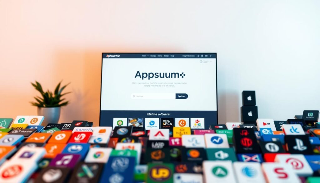 A dynamic and visually appealing online marketplace showcasing a wide range of discounted software deals, with a clean and intuitive layout. The foreground features a collection of various software icons and logos, neatly arranged to highlight the diversity of products available. The middle ground showcases a sleek and modern web interface, with clean typography and a minimalist design that draws the viewer's attention to the deals on offer. In the background, a subtle gradient or pattern creates a sense of depth and sophistication, conveying the professionalism and trustworthiness of the Appsumo platform. The overall scene is bathed in warm, inviting lighting, creating a welcoming and engaging atmosphere for users to explore the lifetime software deals.