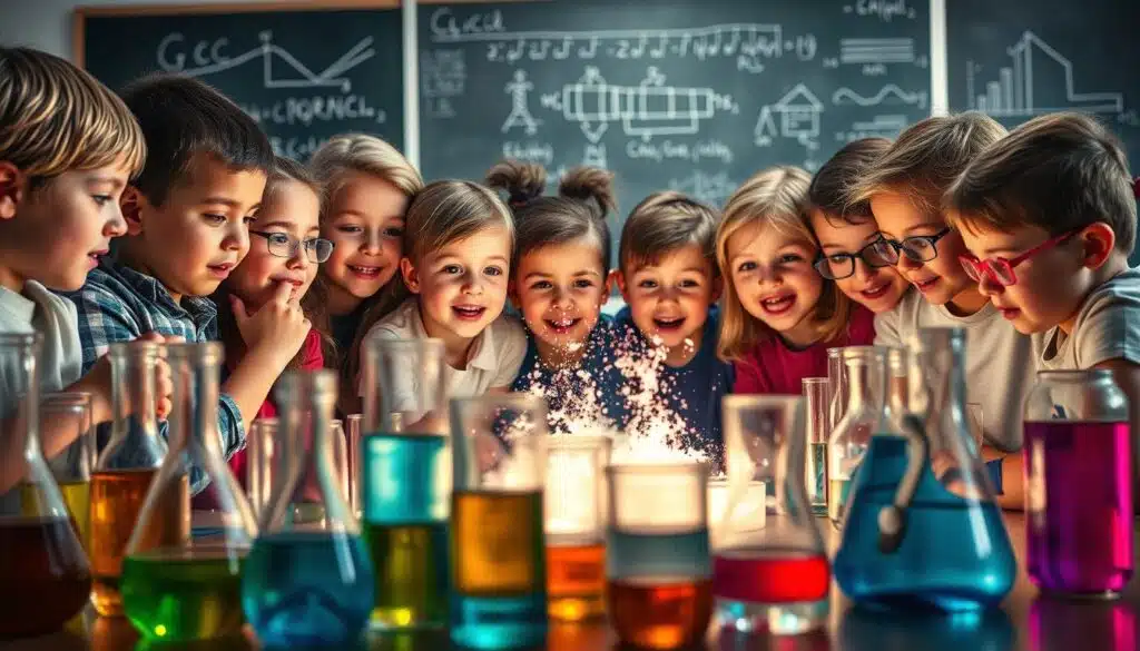 A group of excited children gathered around a science lab table, focused intently on a fizzing experiment. Colorful glassware and scientific instruments clutter the foreground, casting a warm glow under soft, diffused lighting. The kids' faces are alight with wonder and discovery, their expressions animated as they observe the chemical reaction unfolding before them. In the background, a chalkboard displays diagrams and equations, hinting at the educational context. The scene conveys a sense of hands-on learning, curiosity, and the joys of scientific exploration. A group of excited children gathered around a science lab table, focused intently on a fizzing experiment. Colorful glassware and scientific instruments clutter the foreground, casting a warm glow under soft, diffused lighting. The kids' faces are alight with wonder and discovery, their expressions animated as they observe the chemical reaction unfolding before them. In the background, a chalkboard displays diagrams and equations, hinting at the educational context. The scene conveys a sense of hands-on learning, curiosity, and the joys of scientific exploration.