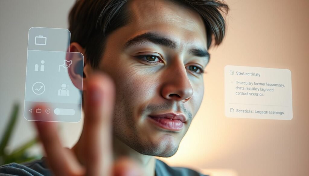 A hands-free, interactive language learning experience. In the foreground, a person's face, relaxed and engaged, with eyes focused on an unseen display. Surrounding them, a clean, minimalist interface with simple icons and controls, suggesting intuitive, touch-free interaction. The middle ground features holographic projections of language-learning tools - vocabulary, grammar lessons, and conversational scenarios - all seamlessly integrated into the user's field of vision. The background has a soft, warm glow, creating a calming, distraction-free atmosphere conducive to focused learning. Soft, diffused lighting from an unseen source illuminates the scene, capturing a sense of effortless, immersive language acquisition.