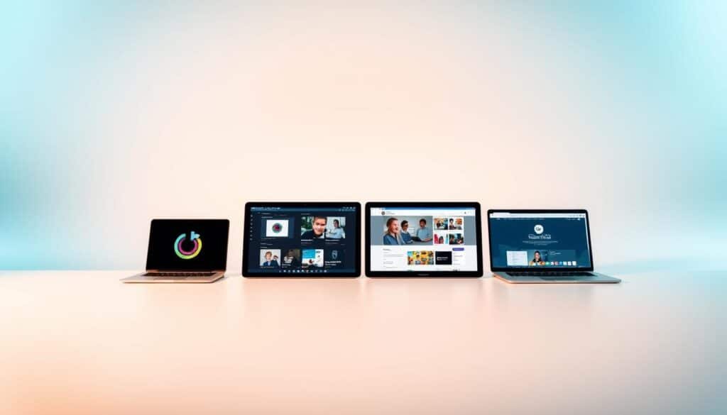 A high-contrast, side-by-side comparison of four popular online language learning platforms, displayed on a clean, minimalist background. The foreground features crisp icons and logos for each platform, arranged symmetrically. The middle ground showcases a series of small, representative screenshots, highlighting the unique features and interfaces of each service. The background maintains a soft, blurred gradient, allowing the focal points to stand out. Subtle, warm lighting casts a refined, professional atmosphere, emphasizing the educational and informative nature of the image. The overall composition conveys a sense of clarity, balance, and visual hierarchy, guiding the viewer's attention to the key elements of the comparative analysis.
