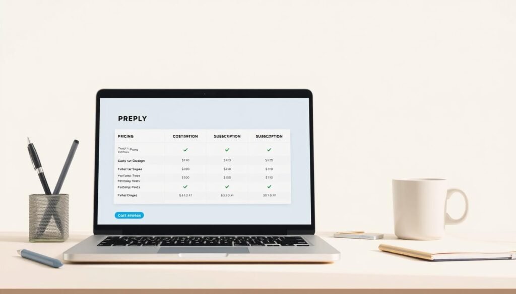 A high-quality, detailed illustration of Preply's cost and pricing options, featuring a clean, minimalist layout with a modern, professional aesthetic. The foreground showcases a laptop screen displaying Preply's pricing tiers, plans, and subscription options, with clear and concise information. The middle ground depicts a tasteful arrangement of office accessories, such as a pen, notebook, and coffee mug, creating a productive, working environment. The background is a soft, neutral-toned gradient, providing a calming and focused atmosphere. The lighting is natural and diffused, creating a sense of warmth and clarity. The overall composition is balanced, with a strong emphasis on the key pricing details, presented in a visually appealing and informative manner.