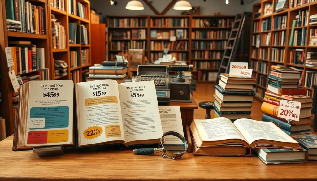 A high-quality, finely detailed image of a book store display showcasing various pricing and deal options for rare, used, and out-of-print books. The foreground features a wooden bookshelf with several open books displaying price tags, discount stickers, and special offer banners. The middle ground includes a vintage cash register, a magnifying glass, and a stack of books with a "20% off" sign. The background depicts a cozy, well-lit book shop interior with wooden floors, a rolling ladder, and a warm, inviting atmosphere. The lighting is soft and natural, highlighting the textures of the books and creating a sense of depth and dimension. The overall mood is one of exploration, discovery, and the thrill of finding a rare literary gem at an unbeatable price.