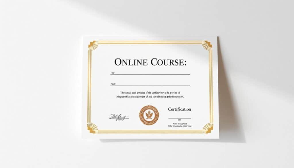 A high-quality, photorealistic image of an online course certification document. The certification is displayed on a clean, minimalist background, with soft, natural lighting illuminating the document. The paper texture and embossed seal are clearly visible, exuding a sense of prestige and authenticity. The composition places the certificate in the center, with ample negative space around it to create a balanced, elegant design. The overall mood is one of professionalism, achievement, and the value of online education.
