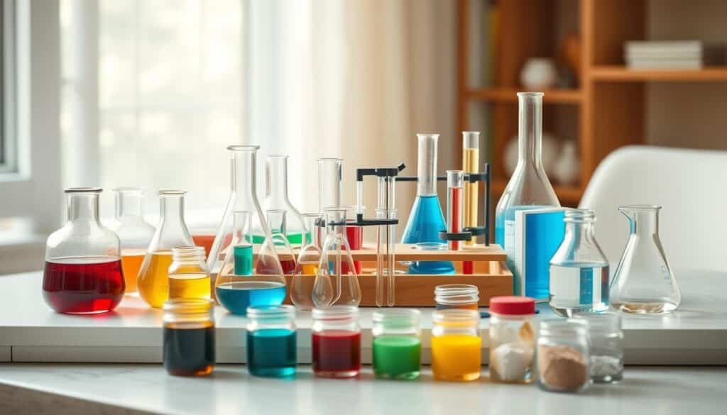 A high-quality science experiment kit sits on a clean, well-lit table. The kit features a variety of transparent glass beakers, test tubes, and other laboratory equipment arranged neatly. Colorful liquids and powders in small jars surround the kit, hinting at the exciting experiments to come. The lighting is soft and natural, creating a warm, inviting atmosphere that encourages hands-on exploration and discovery. The overall composition suggests a sense of curiosity, learning, and the joy of scientific investigation. A high-quality science experiment kit sits on a clean, well-lit table. The kit features a variety of transparent glass beakers, test tubes, and other laboratory equipment arranged neatly. Colorful liquids and powders in small jars surround the kit, hinting at the exciting experiments to come. The lighting is soft and natural, creating a warm, inviting atmosphere that encourages hands-on exploration and discovery. The overall composition suggests a sense of curiosity, learning, and the joy of scientific investigation.