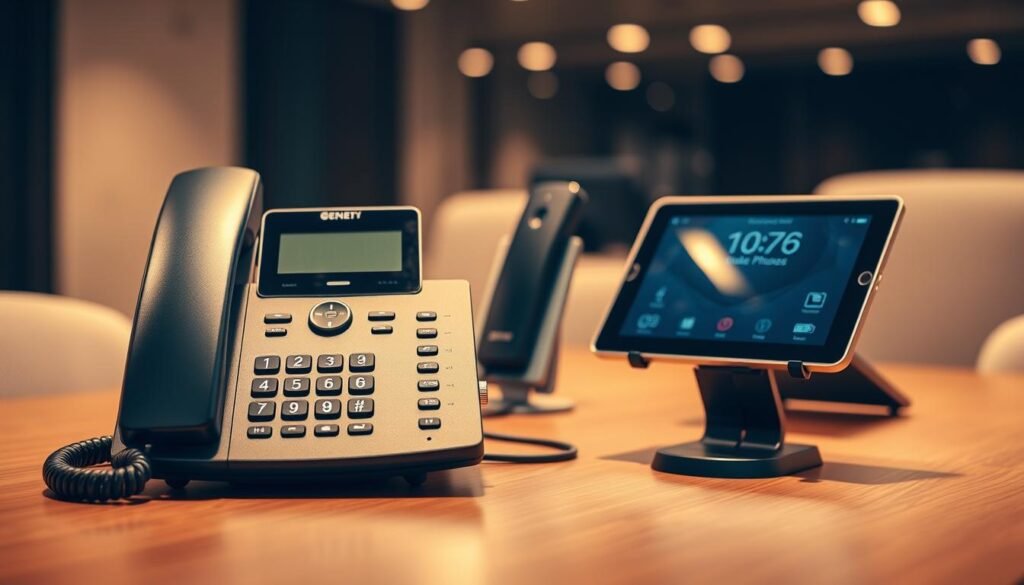 A high-quality, well-lit photograph of a sleek, modern business desk with various phone features prominently displayed. In the foreground, a state-of-the-art desk phone with multiple buttons, indicator lights, and a large display screen. In the middle ground, a cordless handset and a small conference speaker phone. In the background, a tablet or smartphone docked in a stand, showcasing its phone functionality. The scene is bathed in warm, directional lighting, creating depth and emphasizing the premium, professional appearance of the setup. The overall mood is one of efficient, technologically-advanced business communication.