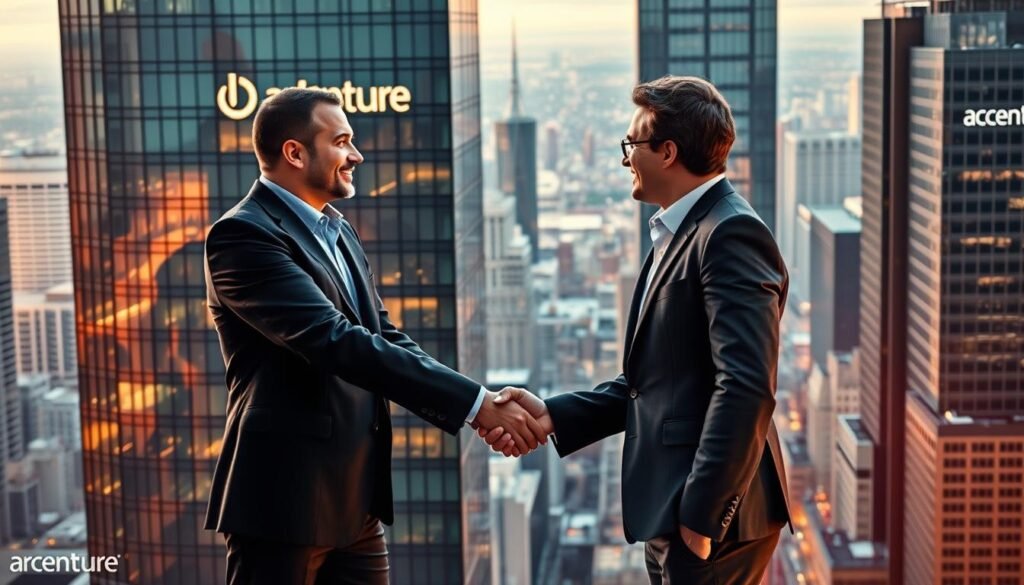 A high-rise corporate office building in a bustling city skyline, with the Udacity and Accenture logos prominently displayed on the facade. In the foreground, two business professionals, one in a suit and the other in business casual, shake hands with an aura of collaboration and partnership. The lighting is warm and inviting, casting a soft glow on the scene. The background features a blend of modern architecture, skyscrapers, and a vibrant urban landscape, conveying a sense of progress and innovation. The overall atmosphere exudes a mood of professional excellence, strategic alliance, and a forward-looking vision for the future.