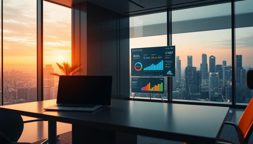 A high-tech corporate office interior, bathed in warm, ambient lighting. In the foreground, a sleek, minimalist desk with a laptop and a neatly organized workspace. On the screen, a data visualization dashboard showcasing key performance metrics and return on investment (ROI) figures for a business messaging solution. In the middle ground, a large, floor-to-ceiling window offers a panoramic view of a bustling city skyline. The atmosphere is one of efficiency, productivity, and strategic decision-making. The overall scene conveys the tangible benefits and positive impact of implementing a robust business messaging platform. A high-tech corporate office interior, bathed in warm, ambient lighting. In the foreground, a sleek, minimalist desk with a laptop and a neatly organized workspace. On the screen, a data visualization dashboard showcasing key performance metrics and return on investment (ROI) figures for a business messaging solution. In the middle ground, a large, floor-to-ceiling window offers a panoramic view of a bustling city skyline. The atmosphere is one of efficiency, productivity, and strategic decision-making. The overall scene conveys the tangible benefits and positive impact of implementing a robust business messaging platform.