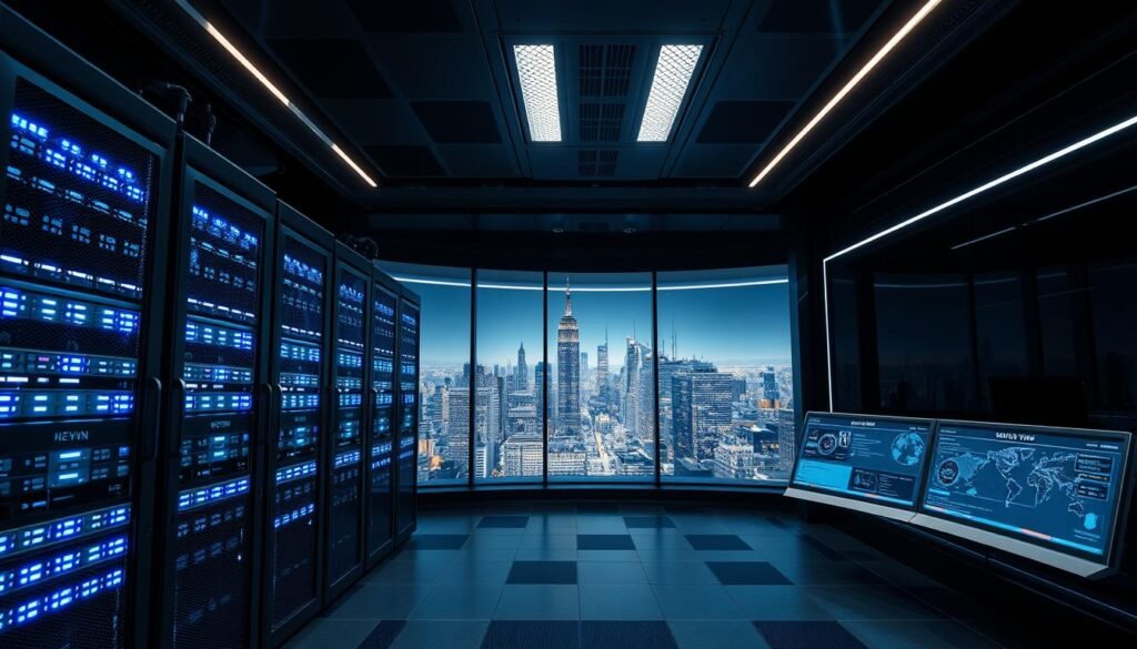 A high-tech security control room with dual VPN gateways. In the foreground, two interconnected server racks with blinking LED lights, casting a cool blue glow. The middle ground features network diagrams and threat monitoring dashboards on sleek, curved displays. In the background, a panoramic window reveals a futuristic cityscape, hinting at the global reach of the secure VPN network. Dramatic lighting from above casts dramatic shadows, conveying a sense of power and reliability. The overall atmosphere is one of cutting-edge technology, multilayered protection, and unwavering digital safety for discerning USA users.