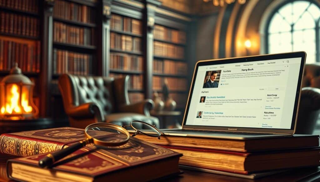 A meticulously detailed, high-resolution image of the pros and cons of using a rare book platform, set against a softly-lit, elegant backdrop. In the foreground, a collection of rare, leather-bound books with intricate gold-embossed covers, accompanied by a vintage magnifying glass and a pair of reading glasses. In the middle ground, a sleek, modern laptop displaying the user interface of a rare book marketplace platform, showcasing both positive and negative reviews. In the background, a dimly-lit, cozy library interior with floor-to-ceiling bookshelves, a tufted leather armchair, and a warm, ambient glow from a crackling fireplace, conveying a sense of nostalgia and the value of rare literary works.