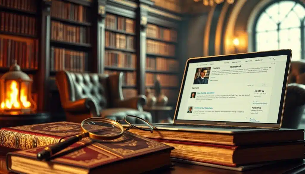 A meticulously detailed, high-resolution image of the pros and cons of using a rare book platform, set against a softly-lit, elegant backdrop. In the foreground, a collection of rare, leather-bound books with intricate gold-embossed covers, accompanied by a vintage magnifying glass and a pair of reading glasses. In the middle ground, a sleek, modern laptop displaying the user interface of a rare book marketplace platform, showcasing both positive and negative reviews. In the background, a dimly-lit, cozy library interior with floor-to-ceiling bookshelves, a tufted leather armchair, and a warm, ambient glow from a crackling fireplace, conveying a sense of nostalgia and the value of rare literary works.