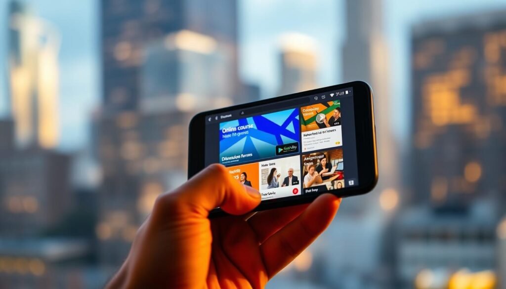 A mobile device held in hand, displaying vibrant visuals of an online course against a blurred city skyline background. The screen showcases various interactive elements, such as video lessons, quizzes, and discussion forums, creating an immersive mobile learning experience. Warm lighting illuminates the scene, casting a soft glow on the device's surface. The angle is slightly elevated, capturing the user's perspective as they engage with the content on the go. The overall atmosphere conveys a sense of productivity, convenience, and accessibility, reflecting the flexibility of Udemy's mobile learning platform.