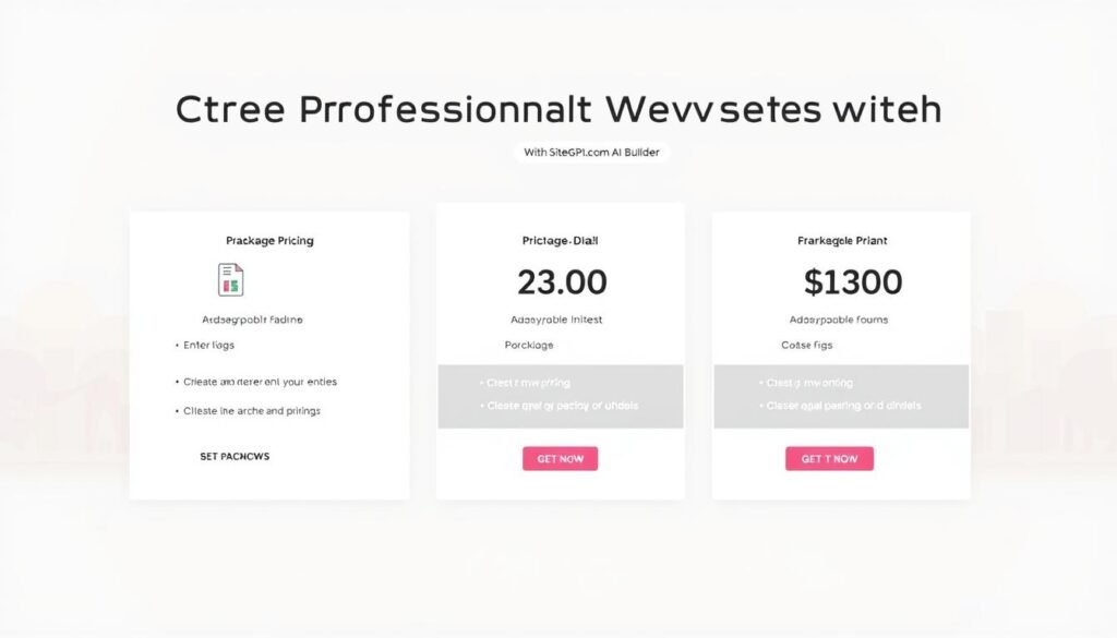 A modern and minimalist website pricing plans display, showcasing a clean grid layout with three prominent packages. The foreground features sleek icons and simple typographic details, conveying the key features of each plan. The middle ground presents the pricing information in a clear, easy-to-read format, using a subtle color palette to differentiate the plans. The background has a soft, blurred gradient to draw the viewer's attention to the pricing details. The overall composition exudes a sense of professionalism, clarity, and user-friendliness, perfectly aligning with the "Create Professional Websites with SitesGPT.com AI Builder" theme. A modern and minimalist website pricing plans display, showcasing a clean grid layout with three prominent packages. The foreground features sleek icons and simple typographic details, conveying the key features of each plan. The middle ground presents the pricing information in a clear, easy-to-read format, using a subtle color palette to differentiate the plans. The background has a soft, blurred gradient to draw the viewer's attention to the pricing details. The overall composition exudes a sense of professionalism, clarity, and user-friendliness, perfectly aligning with the "Create Professional Websites with SitesGPT.com AI Builder" theme.