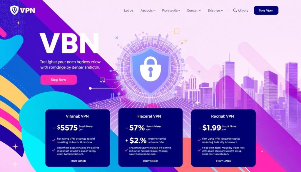 A modern and sleek VPN interface featuring bold graphics, vibrant colors, and a striking abstract design. The foreground showcases various VPN plan options, with discounted pricing and special offers prominently displayed. The middle ground depicts a secure network connection, represented by intricate data visualization elements. The background features a clean, minimalist cityscape, symbolizing the protection and privacy provided by the VPN service. The overall composition conveys a sense of reliability, affordability, and the cutting-edge technology of the VPN offering.