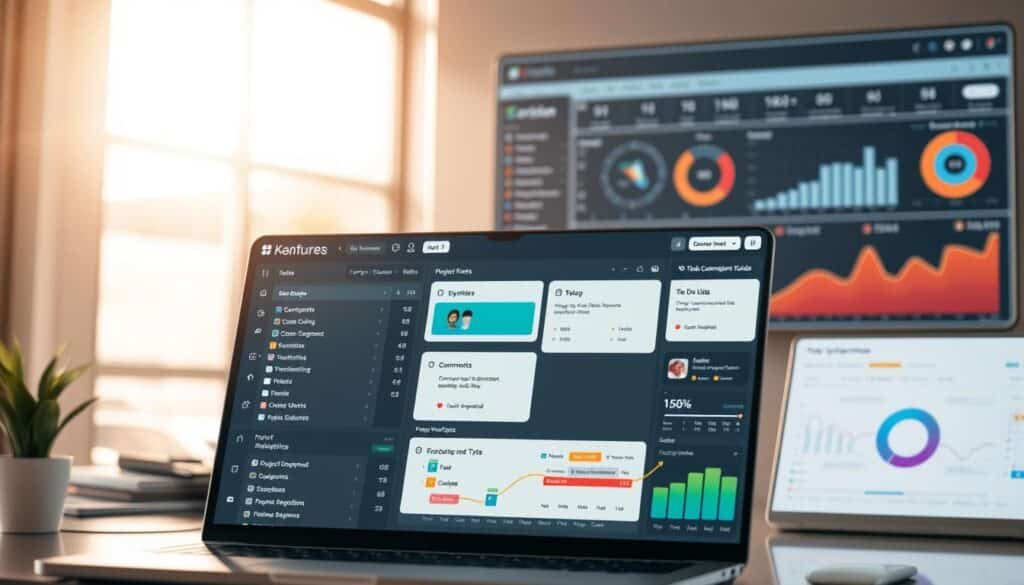 A modern and sleek project management software interface, with a clean and intuitive dashboard displaying key features. In the foreground, a comprehensive task management system with customizable kanban boards, calendars, and to-do lists. In the middle ground, real-time collaboration tools like file sharing, comments, and live chat. In the background, a data visualization module showcasing project analytics, progress reports, and resource allocation. The scene is bathed in a warm, soft light, creating a professional and productive atmosphere.