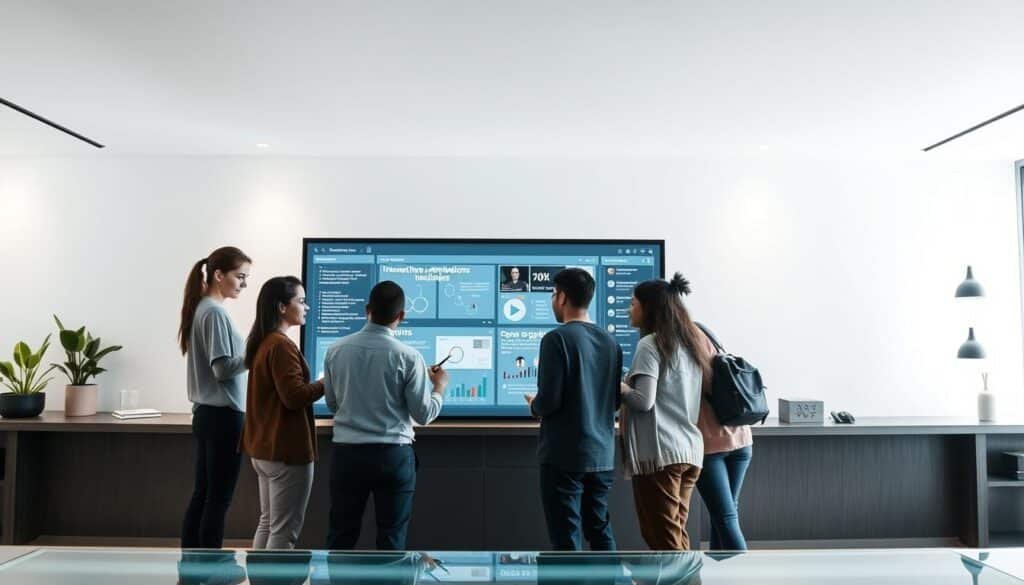 A modern, interactive learning platform with a sleek, intuitive interface. In the foreground, a group of diverse learners collaborating on interactive exercises, annotations, and visualizations on a large touchscreen display. The middle ground features a range of learning resources, including interactive lessons, video tutorials, and discussion forums. In the background, a minimalist, well-lit workspace with clean lines and subtle accents, creating a calm, focused atmosphere conducive to productive learning. Soft, directional lighting accentuates the platform's clean design and highlights the learners' engaged expressions. The overall composition conveys a sense of fluid, collaborative learning empowered by thoughtfully designed educational technology.