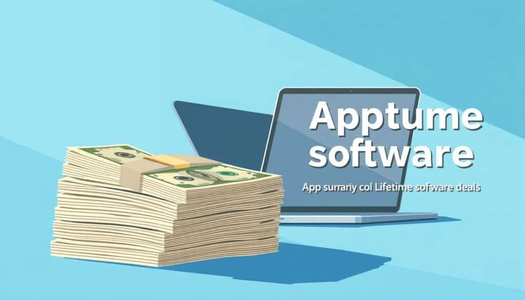 A modern, minimalist illustration depicting the cost savings of Appsumo's lifetime software deals. In the foreground, a stack of neatly arranged dollar bills, symbolizing the significant financial benefits. In the middle ground, a sleek laptop or tablet device, representing the digital nature of the software deals. The background features a clean, geometric pattern in shades of blue, evoking a sense of professionalism and reliability. The lighting is soft and directional, creating subtle shadows and highlights that add depth and dimension to the scene. The overall composition conveys the message of substantial long-term savings and the convenience of lifetime access to top-tier software solutions through Appsumo.