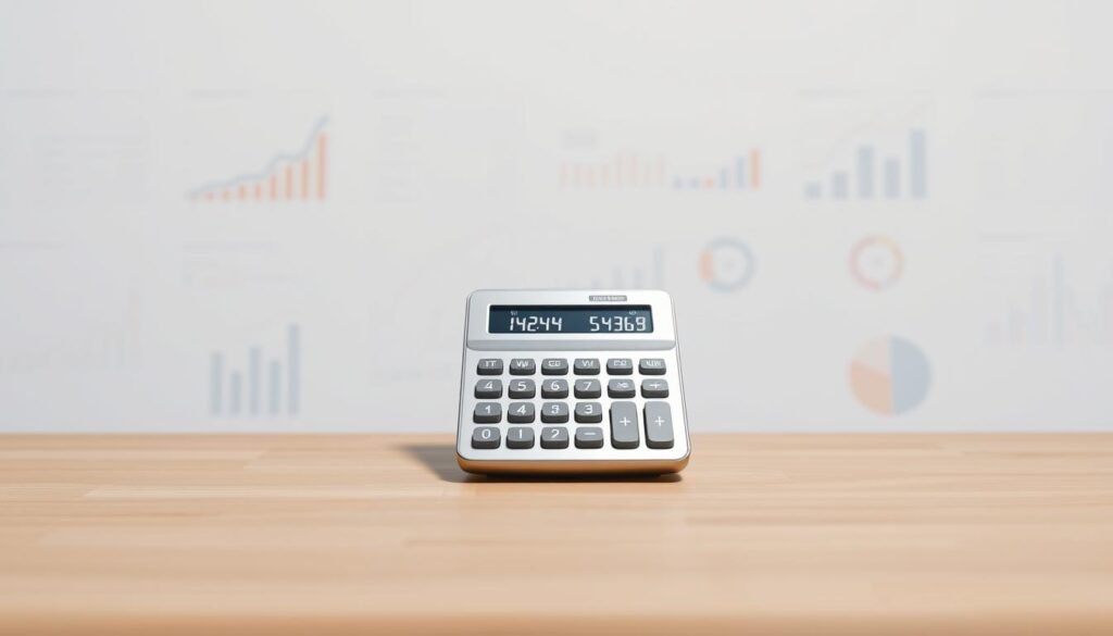 A modern, minimalist-style "Lifetime deal savings calculator" set against a clean, white background. In the foreground, a sleek, silver calculator with a digital display showing various savings metrics, such as total savings, percentage saved, and projected long-term value. The calculator is positioned atop a simple, wooden desk or table, with a subtle shadow cast beneath it, creating depth and dimension. The middle ground features a soft, blurred backdrop of various financial charts, graphs, and data visualizations, hinting at the analytical power of the calculator. The overall mood is one of efficiency, precision, and the tangible benefits of finding the best deals.