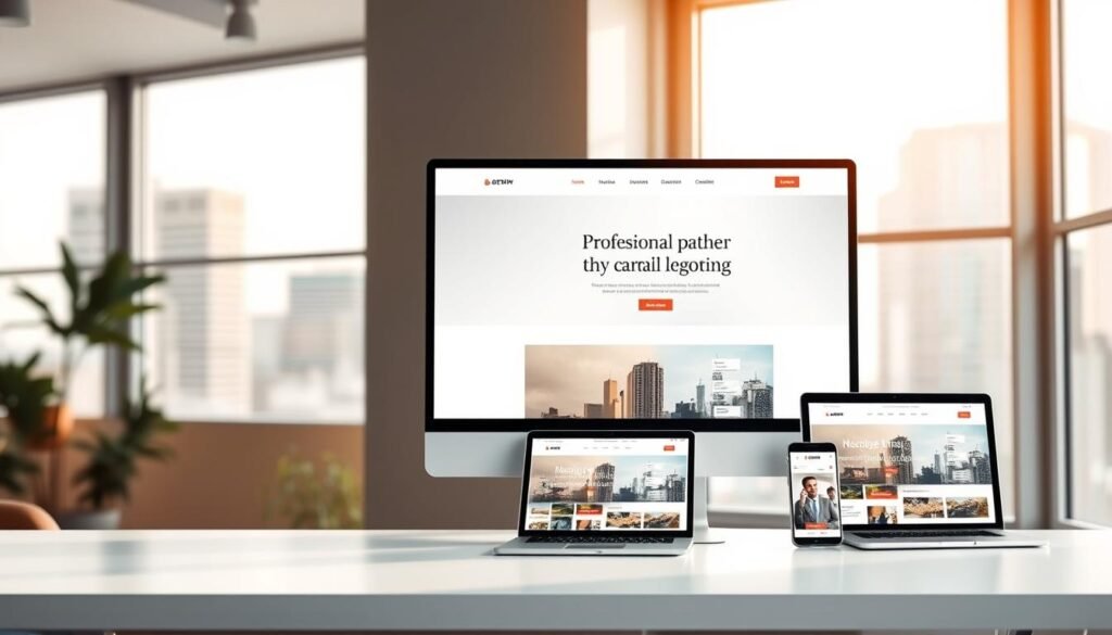 A modern, minimalist website design layout showcasing key features of a professional web creation platform. In the foreground, a sleek desktop monitor displays a minimalist homepage with clean typography, elegant navigation menus, and vibrant hero imagery. In the middle ground, various mockup devices such as laptops, tablets, and smartphones demonstrate the platform's responsive and adaptive design capabilities. The background features a soft, blurred cityscape, conveying a sense of urban sophistication. Warm, natural lighting filters through large windows, creating a serene and productive atmosphere. The overall composition highlights the platform's attention to detail, user-friendliness, and ability to deliver visually stunning, professional-grade websites. A modern, minimalist website design layout showcasing key features of a professional web creation platform. In the foreground, a sleek desktop monitor displays a minimalist homepage with clean typography, elegant navigation menus, and vibrant hero imagery. In the middle ground, various mockup devices such as laptops, tablets, and smartphones demonstrate the platform's responsive and adaptive design capabilities. The background features a soft, blurred cityscape, conveying a sense of urban sophistication. Warm, natural lighting filters through large windows, creating a serene and productive atmosphere. The overall composition highlights the platform's attention to detail, user-friendliness, and ability to deliver visually stunning, professional-grade websites.