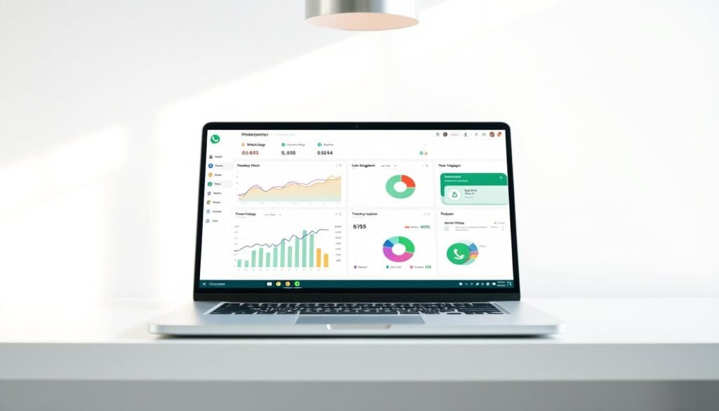 A modern, minimalistic WhatsApp analytics dashboard displayed on a sleek, silver laptop against a serene, white backdrop. The dashboard features colorful line graphs, pie charts, and statistical metrics tracking user engagement, message volume, and other key performance indicators. Soft, natural lighting from an overhead source casts a gentle glow, highlighting the crisp, high-resolution visuals. The overall atmosphere conveys a sense of professionalism, clarity, and data-driven insights to optimize business messaging strategies. A modern, minimalistic WhatsApp analytics dashboard displayed on a sleek, silver laptop against a serene, white backdrop. The dashboard features colorful line graphs, pie charts, and statistical metrics tracking user engagement, message volume, and other key performance indicators. Soft, natural lighting from an overhead source casts a gentle glow, highlighting the crisp, high-resolution visuals. The overall atmosphere conveys a sense of professionalism, clarity, and data-driven insights to optimize business messaging strategies.