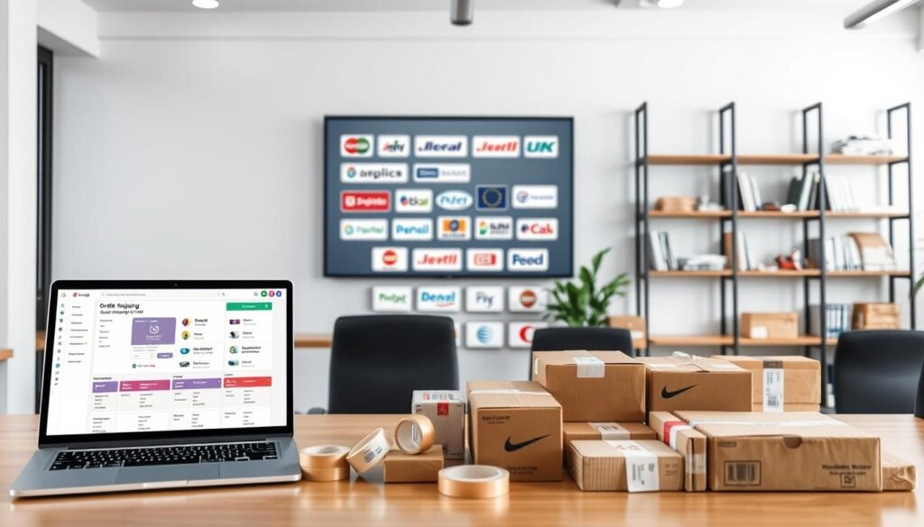 A modern office interior with a well-lit workspace. In the foreground, a sleek laptop displays a dashboard of eCommerce shipping integrations, showcasing real-time order tracking, shipping rate comparisons, and seamless label printing. On the desk, a neatly organized array of shipping supplies, including boxes, tape, and branded packaging materials. The middle ground features a large monitor displaying various shipping carrier logos, emphasizing the platform's integration capabilities. The background is a minimalist, monochrome wall, with strategically placed shelves holding shipping documentation and industry-related books, conveying a sense of professionalism and efficiency. A modern office interior with a well-lit workspace. In the foreground, a sleek laptop displays a dashboard of eCommerce shipping integrations, showcasing real-time order tracking, shipping rate comparisons, and seamless label printing. On the desk, a neatly organized array of shipping supplies, including boxes, tape, and branded packaging materials. The middle ground features a large monitor displaying various shipping carrier logos, emphasizing the platform's integration capabilities. The background is a minimalist, monochrome wall, with strategically placed shelves holding shipping documentation and industry-related books, conveying a sense of professionalism and efficiency.