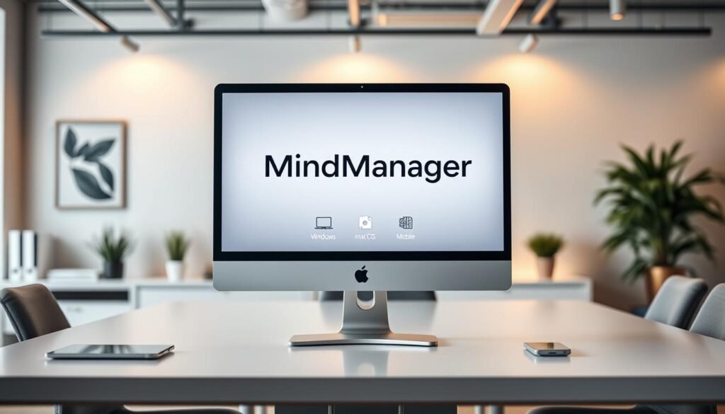 A modern, sleek office workspace with a prominent computer monitor displaying the MindManager logo. The display showcases the software's multi-platform support, with icons representing different operating systems like Windows, macOS, and mobile devices. The background features clean lines, minimalist decor, and warm lighting, conveying a professional and productive atmosphere. The composition emphasizes the versatility and cross-platform compatibility of the MindManager software, inviting the viewer to explore its capabilities across diverse computing environments.