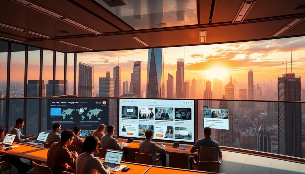 A modern, sleek online tech courses platform set against a vibrant, futuristic cityscape. In the foreground, an immersive virtual classroom with students and instructors engaged in interactive lessons, illuminated by warm, natural lighting. The middle ground features a clean, intuitive user interface with course catalogs, progress trackers, and multimedia resources. In the background, towering skyscrapers and a bustling metropolis, reflecting the global reach and cutting-edge nature of the platform. The scene conveys a sense of innovation, education, and opportunity, perfectly suited to illustrate Udacity's diverse course offerings in fields like artificial intelligence and business.