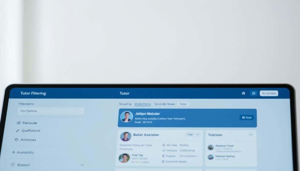 A modern, sleek online tutor filtering tool with a clean and intuitive user interface. The foreground features a search bar, filter options, and tutor profiles presented in a grid layout. The middle ground showcases a detailed tutor profile, including their qualifications, reviews, and availability. The background has a soft, blurred gradient in muted shades of blue and gray, creating a calming and professional atmosphere. The lighting is natural and diffused, highlighting the clarity of the interface elements. The camera angle is slightly elevated, giving a sense of control and oversight over the tutor selection process.