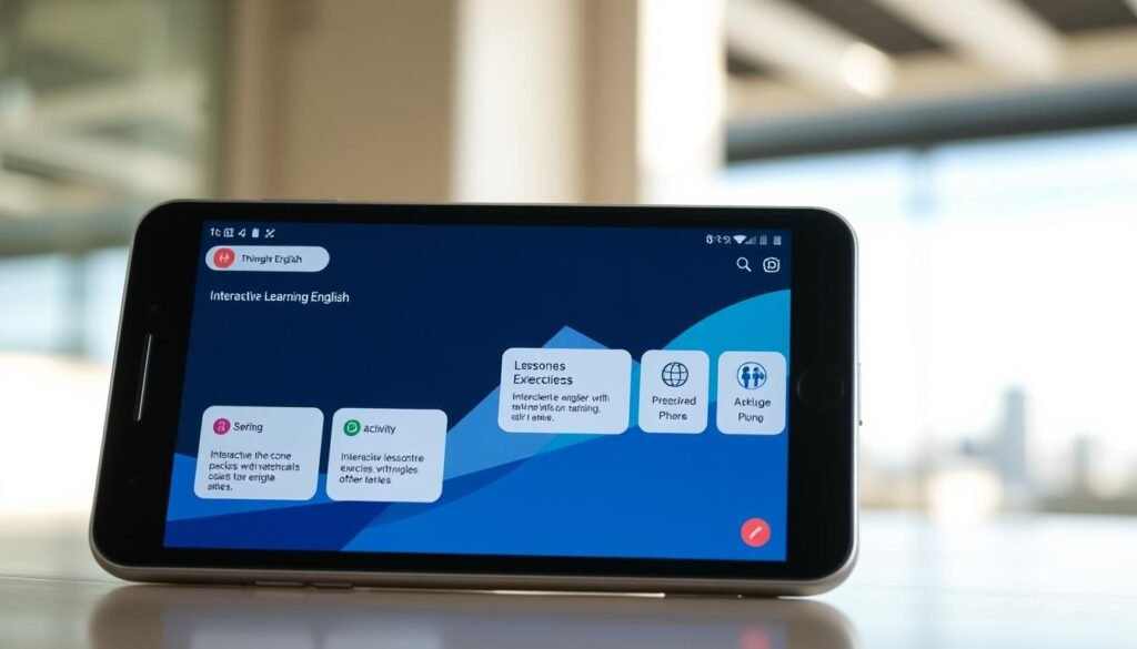 A modern, visually appealing English learning app with a clean, intuitive interface. The foreground features a smartphone or tablet displaying interactive lessons, exercises, and activities designed to engage the user. The middle ground showcases a minimalist, yet vibrant color palette with geometric shapes and gradients, creating a sense of dynamism and progression. The background depicts a softly blurred cityscape or abstract landscape, hinting at the global, multicultural nature of language learning. Bright, natural lighting illuminates the scene, exuding a sense of approachability and accessibility. The overall mood is one of simplicity, efficiency, and a user-centric approach to improving English skills. A modern, visually appealing English learning app with a clean, intuitive interface. The foreground features a smartphone or tablet displaying interactive lessons, exercises, and activities designed to engage the user. The middle ground showcases a minimalist, yet vibrant color palette with geometric shapes and gradients, creating a sense of dynamism and progression. The background depicts a softly blurred cityscape or abstract landscape, hinting at the global, multicultural nature of language learning. Bright, natural lighting illuminates the scene, exuding a sense of approachability and accessibility. The overall mood is one of simplicity, efficiency, and a user-centric approach to improving English skills.