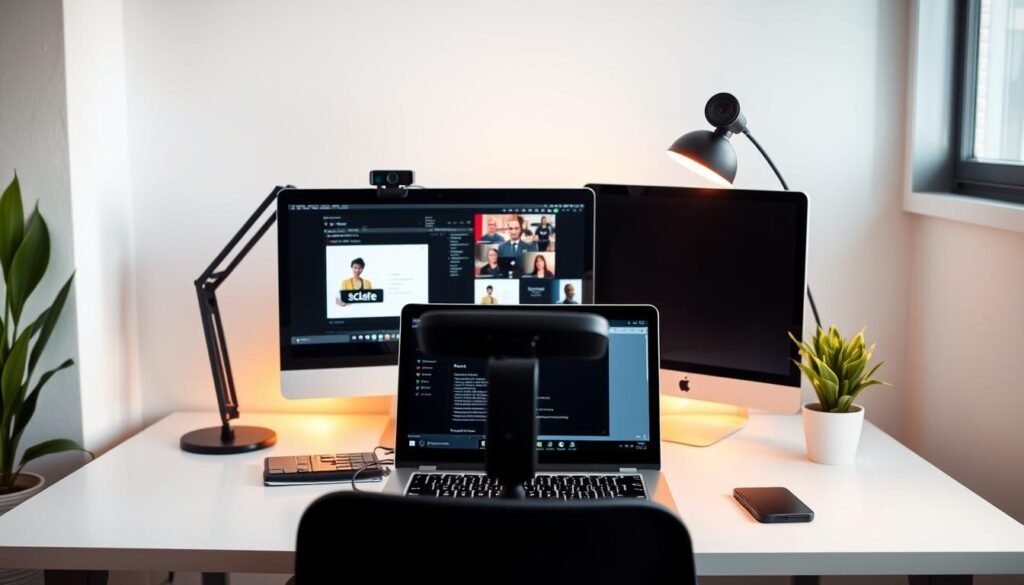 A modern, well-lit home office setup with a laptop, desktop computer, and professional webcam on a clean, minimalist desk. The space is bathed in warm, diffused lighting, creating a comfortable, focused atmosphere. The laptop screen displays instructional content, hinting at an online class in progress. Stylish, ergonomic office chair and a potted plant add subtle touches of personalization. The overall scene conveys a sense of productivity and an organized, distraction-free environment ideal for virtual learning.