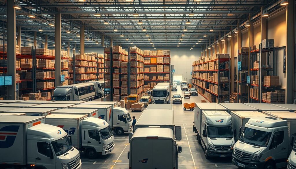 A panoramic view of a modern multi-carrier shipping facility, illuminated by warm, diffused lighting. In the foreground, a fleet of delivery trucks, their logos emblazoned on the sides, await their next shipments. In the middle ground, a bustling warehouse with towering shelves stocked with neatly organized packages, workers efficiently navigating the space. In the background, a sleek, high-tech control center oversees the entire operation, with screens displaying real-time tracking data and shipping routes. The scene conveys a sense of efficiency, organization, and the seamless integration of various shipping carriers to provide a comprehensive logistics solution. A panoramic view of a modern multi-carrier shipping facility, illuminated by warm, diffused lighting. In the foreground, a fleet of delivery trucks, their logos emblazoned on the sides, await their next shipments. In the middle ground, a bustling warehouse with towering shelves stocked with neatly organized packages, workers efficiently navigating the space. In the background, a sleek, high-tech control center oversees the entire operation, with screens displaying real-time tracking data and shipping routes. The scene conveys a sense of efficiency, organization, and the seamless integration of various shipping carriers to provide a comprehensive logistics solution.