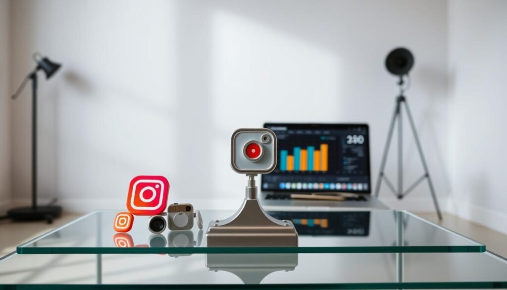 A professional, minimal studio setting with soft, diffused natural lighting. In the foreground, an elegant glass tabletop displays various social media icons, including Instagram's iconic camera logo, arranged to suggest a balanced scale, representing the pros and cons of the platform. The middle ground features a sleek, modern laptop displaying an analytics dashboard, hinting at the data-driven aspects of social media growth. The background is a simple, muted color palette, allowing the central elements to take the spotlight and convey a sense of thoughtful introspection. A professional, minimal studio setting with soft, diffused natural lighting. In the foreground, an elegant glass tabletop displays various social media icons, including Instagram's iconic camera logo, arranged to suggest a balanced scale, representing the pros and cons of the platform. The middle ground features a sleek, modern laptop displaying an analytics dashboard, hinting at the data-driven aspects of social media growth. The background is a simple, muted color palette, allowing the central elements to take the spotlight and convey a sense of thoughtful introspection.