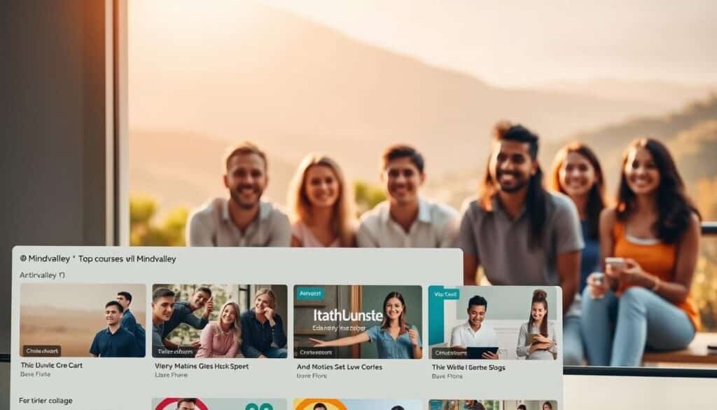 A serene and inviting image of Mindvalley's top courses and programs. In the foreground, a clean and modern user interface showcases several course titles, each with a distinct thumbnail and engaging title. The middle ground features a group of smiling, diverse individuals engaged in various learning activities, conveying a sense of community and personal growth. The background is a soft, blurred landscape with hints of natural elements, creating a calming and inspirational atmosphere. Warm, directional lighting illuminates the scene, casting gentle shadows and highlights to enhance the sense of depth and dimension. The overall composition is balanced and visually appealing, drawing the viewer's attention to the core focus of Mindvalley's transformative educational offerings.