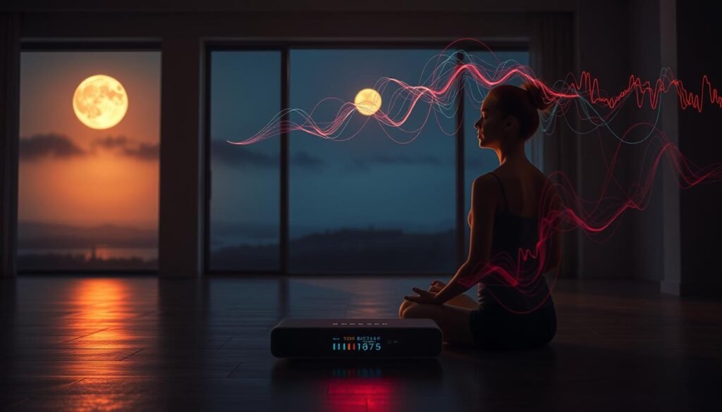 A serene, dimly lit meditation room. In the foreground, a person sits cross-legged, their eyes closed, deep in concentration. Wisps of colorful brainwave patterns swirl and dance around them, visualizing the calming effects of neurofeedback. The middle ground features a sleek, minimalist neural interface device, its display showing a vibrant EEG readout. In the background, a large window overlooks a tranquil, moonlit landscape, creating a soothing, introspective atmosphere. Soft, warm lighting casts a gentle glow, highlighting the tranquility and focus of the scene. The overall composition conveys the benefits of brainwave entrainment - improved focus, relaxation, and cognitive enhancement. A serene, dimly lit meditation room. In the foreground, a person sits cross-legged, their eyes closed, deep in concentration. Wisps of colorful brainwave patterns swirl and dance around them, visualizing the calming effects of neurofeedback. The middle ground features a sleek, minimalist neural interface device, its display showing a vibrant EEG readout. In the background, a large window overlooks a tranquil, moonlit landscape, creating a soothing, introspective atmosphere. Soft, warm lighting casts a gentle glow, highlighting the tranquility and focus of the scene. The overall composition conveys the benefits of brainwave entrainment - improved focus, relaxation, and cognitive enhancement.