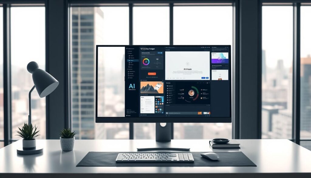 A sleek and modern office workspace, with a large desktop computer monitor displaying a variety of AI website design tools and interfaces. The monitor is placed on a minimalist white desk, surrounded by a few tasteful decorative elements like a potted plant and a stylish desk lamp. The lighting is soft and diffused, creating a warm and productive atmosphere. In the background, a blurred cityscape can be seen through a large window, adding depth and context to the scene. The overall composition is visually striking, highlighting the power and capabilities of the AI-powered website design tools. A sleek and modern office workspace, with a large desktop computer monitor displaying a variety of AI website design tools and interfaces. The monitor is placed on a minimalist white desk, surrounded by a few tasteful decorative elements like a potted plant and a stylish desk lamp. The lighting is soft and diffused, creating a warm and productive atmosphere. In the background, a blurred cityscape can be seen through a large window, adding depth and context to the scene. The overall composition is visually striking, highlighting the power and capabilities of the AI-powered website design tools.