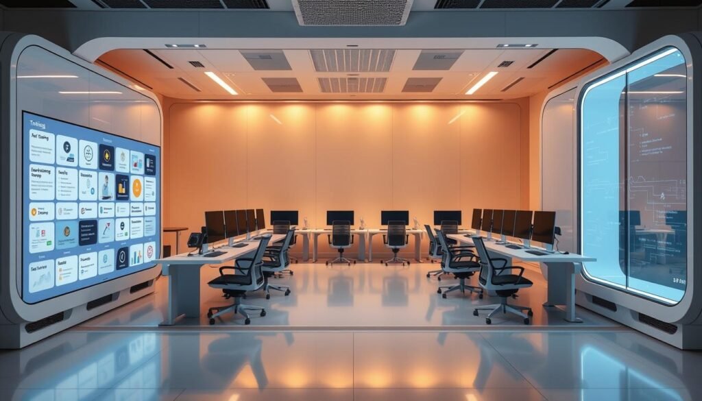 A sleek, futuristic automated training platform with a minimalist, modular design. In the foreground, a large interactive display showcases various training modules and learning paths. The middle ground features several workstations with ergonomic chairs and cutting-edge computer equipment. The background is bathed in a warm, ambient lighting that creates a calming and focused atmosphere. The platform is designed with efficiency and personalization in mind, empowering users to seamlessly navigate their learning journey. Clean lines, neutral tones, and subtle technological accents blend form and function, creating an inviting and immersive training environment. A sleek, futuristic automated training platform with a minimalist, modular design. In the foreground, a large interactive display showcases various training modules and learning paths. The middle ground features several workstations with ergonomic chairs and cutting-edge computer equipment. The background is bathed in a warm, ambient lighting that creates a calming and focused atmosphere. The platform is designed with efficiency and personalization in mind, empowering users to seamlessly navigate their learning journey. Clean lines, neutral tones, and subtle technological accents blend form and function, creating an inviting and immersive training environment.