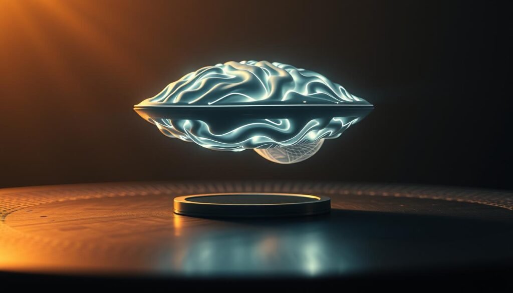 A sleek, futuristic device levitates above a dimly lit, metallic surface. Its intricate, organic design glows with a mesmerizing interplay of soft, pulsing lights and faint sonic waves, creating a harmonious symphony that resonates with the viewer's senses. The device appears to be suspended in a state of serene contemplation, its ethereal presence suggesting the profound impact it might have on the optimization of the human brain. The scene is bathed in a warm, ambient light, creating an atmosphere of tranquility and intellectual introspection, inviting the observer to imagine the transformative potential of this revolutionary neuroscience technology. A sleek, futuristic device levitates above a dimly lit, metallic surface. Its intricate, organic design glows with a mesmerizing interplay of soft, pulsing lights and faint sonic waves, creating a harmonious symphony that resonates with the viewer's senses. The device appears to be suspended in a state of serene contemplation, its ethereal presence suggesting the profound impact it might have on the optimization of the human brain. The scene is bathed in a warm, ambient light, creating an atmosphere of tranquility and intellectual introspection, inviting the observer to imagine the transformative potential of this revolutionary neuroscience technology.