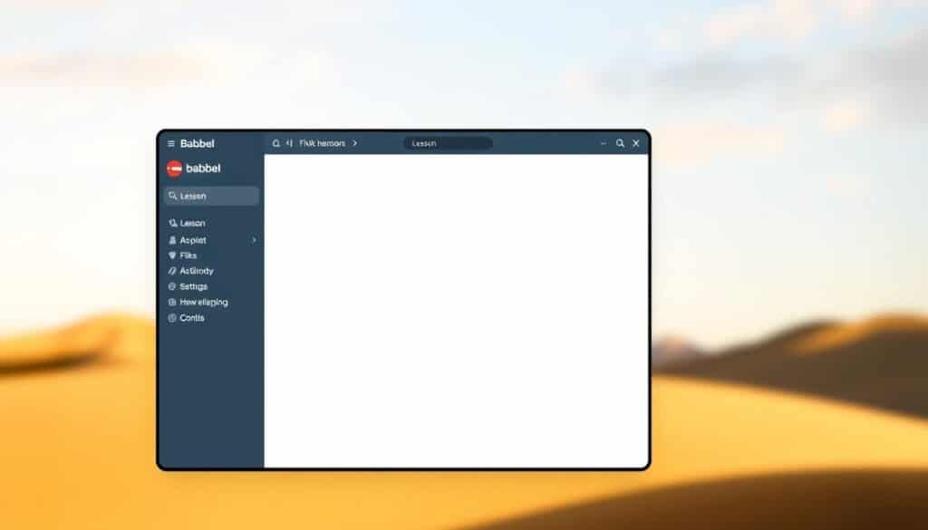 A sleek, minimalist Babbel language learning platform interface with a clean, modern layout. The foreground features a large central lesson screen, with a sidebar navigation menu and customizable settings. The middle ground showcases a warm, natural lighting that casts a soft glow across the screen, creating a calming, inviting atmosphere. The background depicts a blurred, abstract landscape, hinting at the global reach and cultural diversity of the Babbel experience. The overall aesthetic is refined, user-friendly, and tailored to facilitate an engaging and efficient language learning journey.