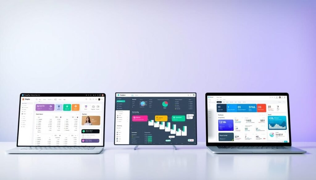 A sleek, minimalist comparison of project management software interfaces, showcasing Nifty alongside its key competitors. The foreground features clean, well-organized dashboards with intuitive task lists, Gantt charts, and collaboration tools. The middle ground displays colorful, data-driven visualizations highlighting key features and capabilities. The background presents a subtle, soothing gradient backdrop, with soft lighting accentuating the modern, professional aesthetic. The overall composition conveys a sense of efficiency, productivity, and informed decision-making for discerning teams.