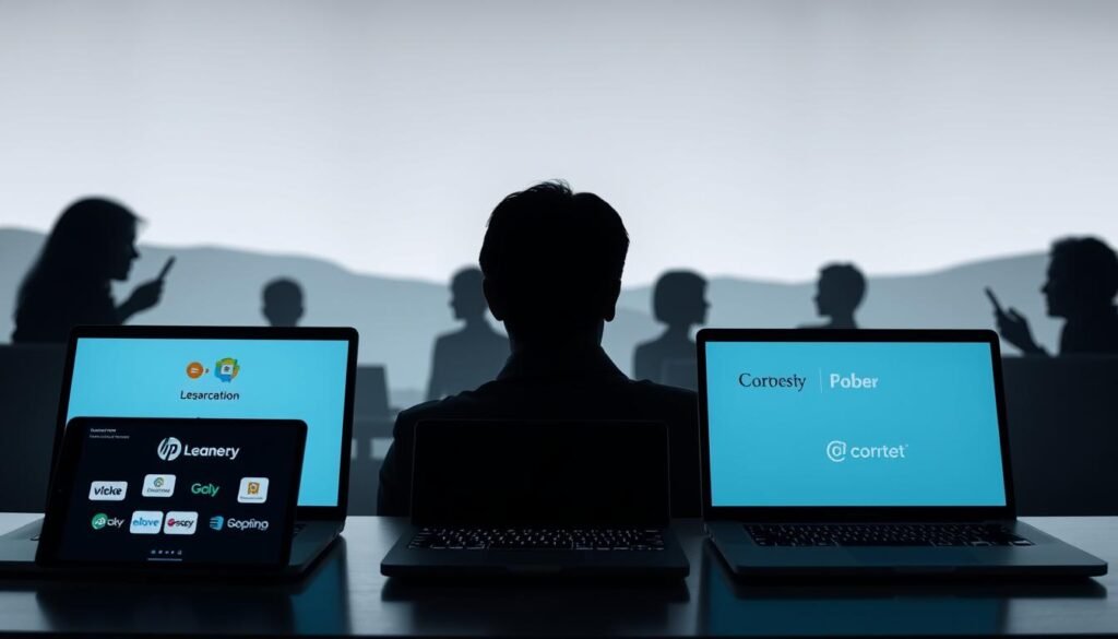 A sleek, minimalist interface showcasing the comparison of various online learning platforms. In the foreground, laptops and mobile devices display the logos and interfaces of popular e-learning solutions, arranged in a grid-like layout. The middle ground features silhouettes of people engaged in online classes, their faces obscured to maintain focus on the technology. The background is a soft, gradient-based landscape, evoking a sense of digital connectivity and educational advancement. Lighting is diffused and slightly moody, creating depth and emphasizing the platform interfaces. The overall atmosphere conveys a sense of informed decision-making and the exploration of alternative options for personal and professional development.