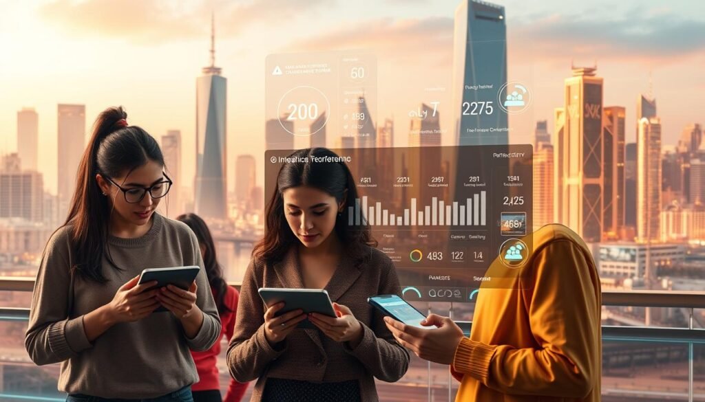 A sleek, modern AI-powered learning platform with a clean, intuitive interface. The foreground features a group of diverse learners engaged with interactive course content on their devices, conveying a sense of focused, immersive learning. The middle ground showcases a dynamic dashboard displaying insights, progress metrics, and course recommendations tailored to each user's needs. In the background, a futuristic cityscape with towering skyscrapers and glowing holographic displays suggests the platform's advanced, cutting-edge technology. Warm, directional lighting accentuates the platform's polished, high-tech aesthetic, creating a sense of efficiency, innovation, and personalized educational empowerment.