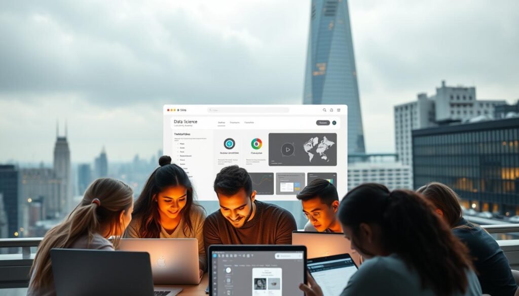 A sleek, modern data science learning platform set against a backdrop of a cityscape. In the foreground, a group of diverse learners engage with interactive tutorials and visualizations on their laptop screens, their faces illuminated by the warm glow of the display. The middle ground features a minimalist, user-friendly interface with intuitive navigation, highlighting the platform's emphasis on accessibility and user experience. In the background, a towering skyscraper and bustling streets convey a sense of energy and progress, symbolizing the cutting-edge nature of the data science field. The overall mood is one of focus, collaboration, and a passion for lifelong learning.